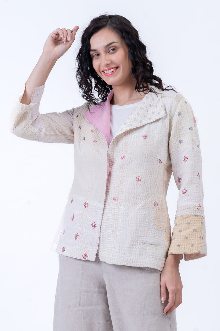 FRAYED PATCH MIX KANTHA SHORT JKT - fm4007-ivy -