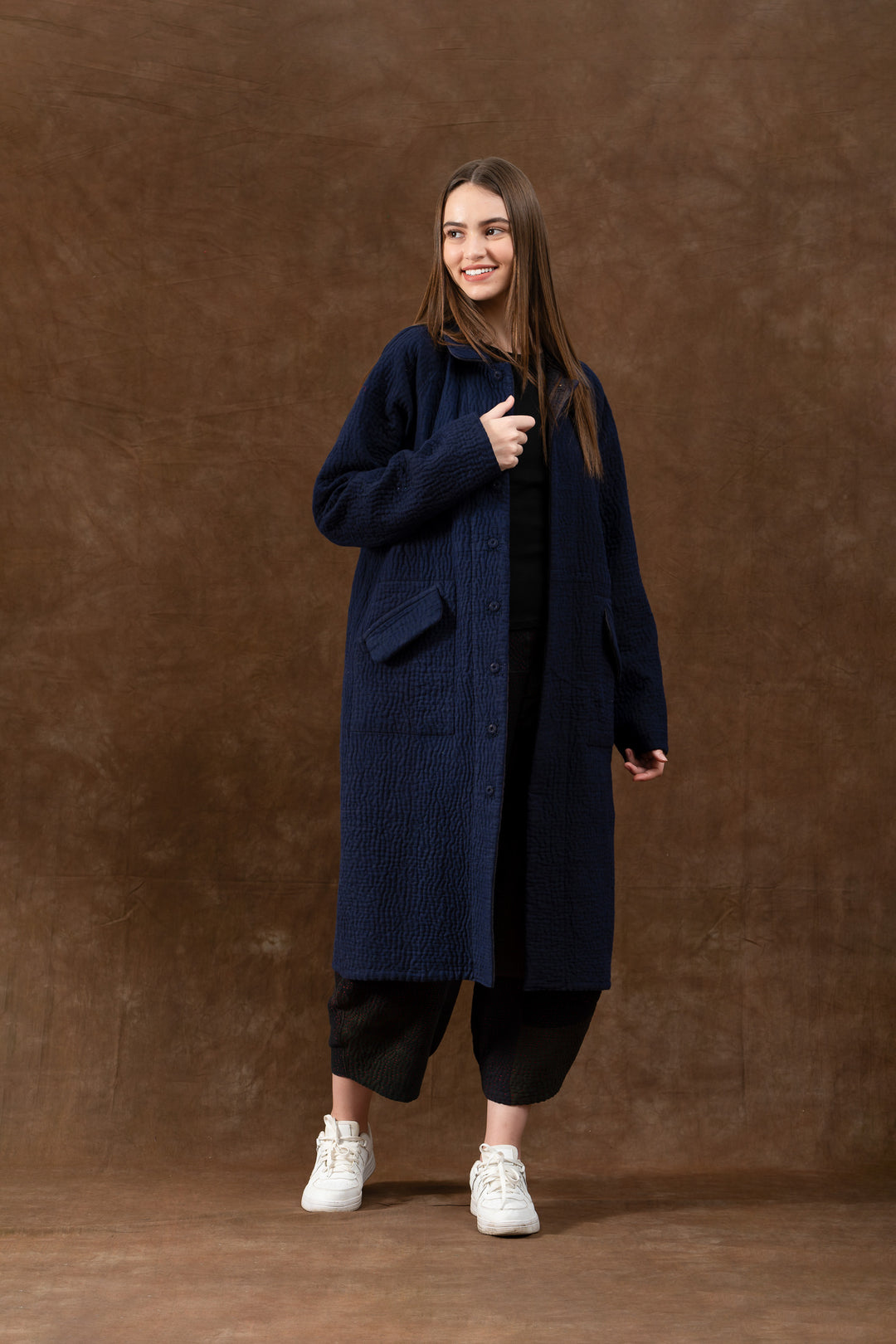 QUILTED VINTAGE COTTON WITH FLANNEL KANTHA RAGLAN SLEEVE COAT - fq5337-blu -