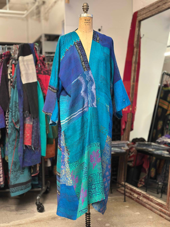 GEORGETTE VINTAGE SILK PATCH KANTHA KIMONO MAXI - gs2318-tuq -