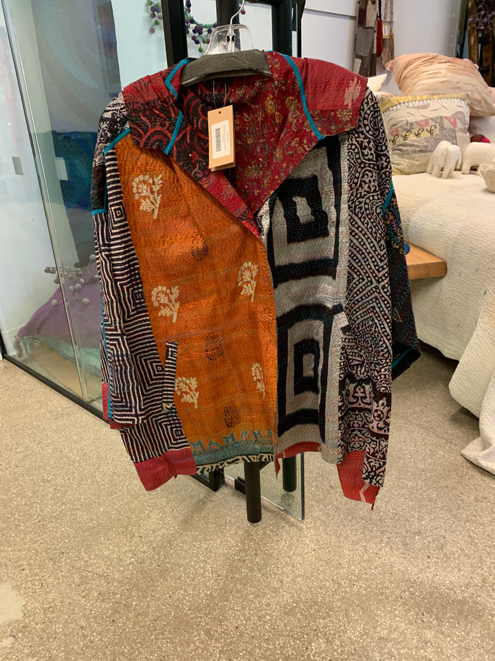 VINTAGE SILK KANTHA HOODIE PONCHO - sv2064-0001a -