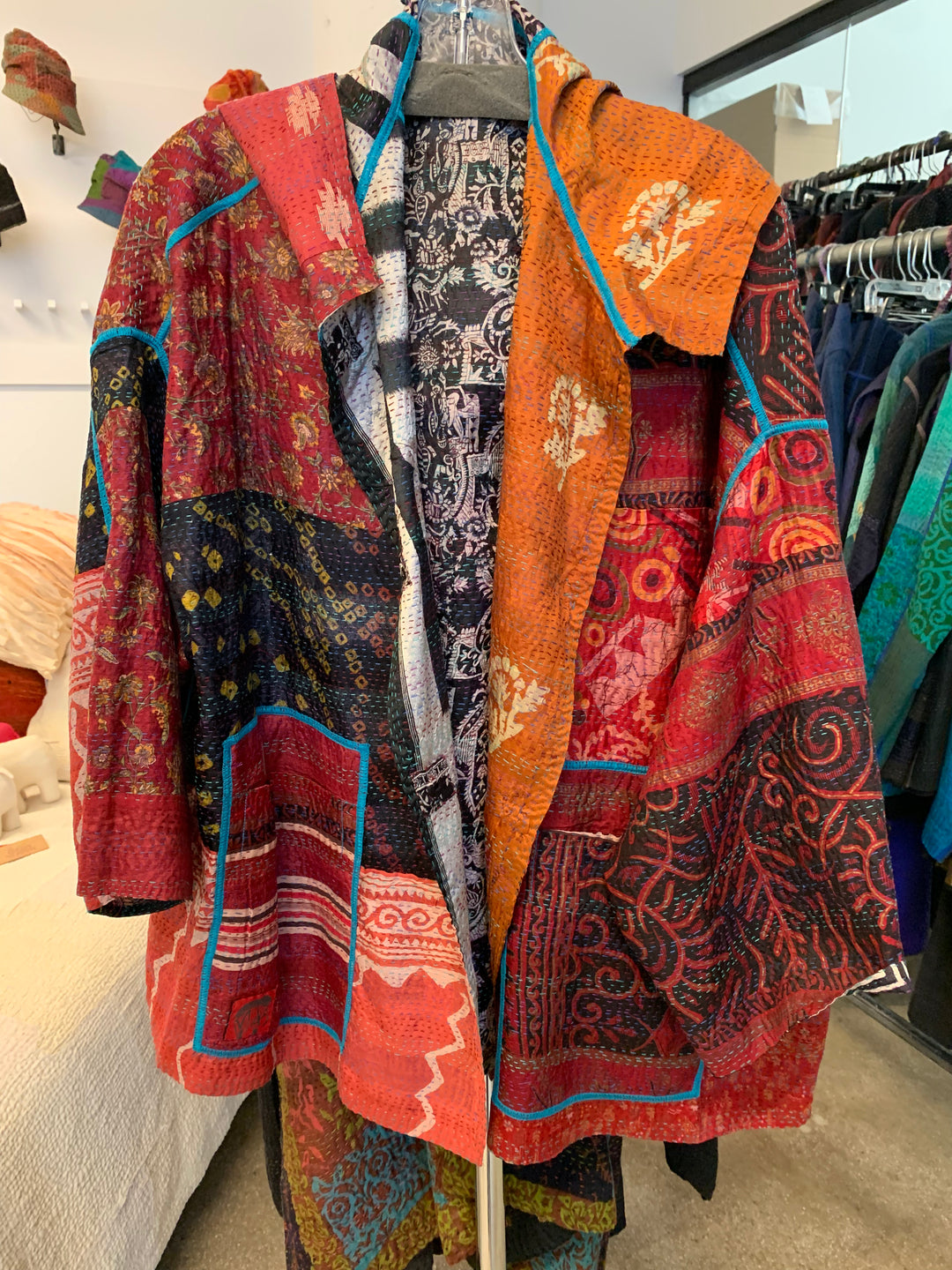 VINTAGE SILK KANTHA HOODIE PONCHO - sv2064-0001a -