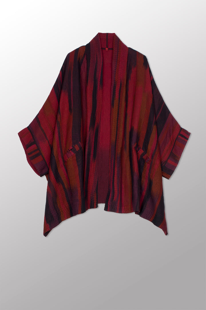 IKAT STRIPE KANTHA DOUBLE COLLAR PONCHO - is4323-DRD -