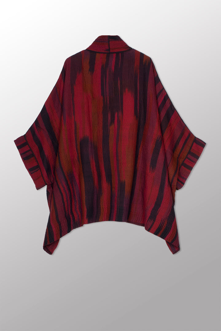 IKAT STRIPE KANTHA DOUBLE COLLAR PONCHO - is4323-DRD -