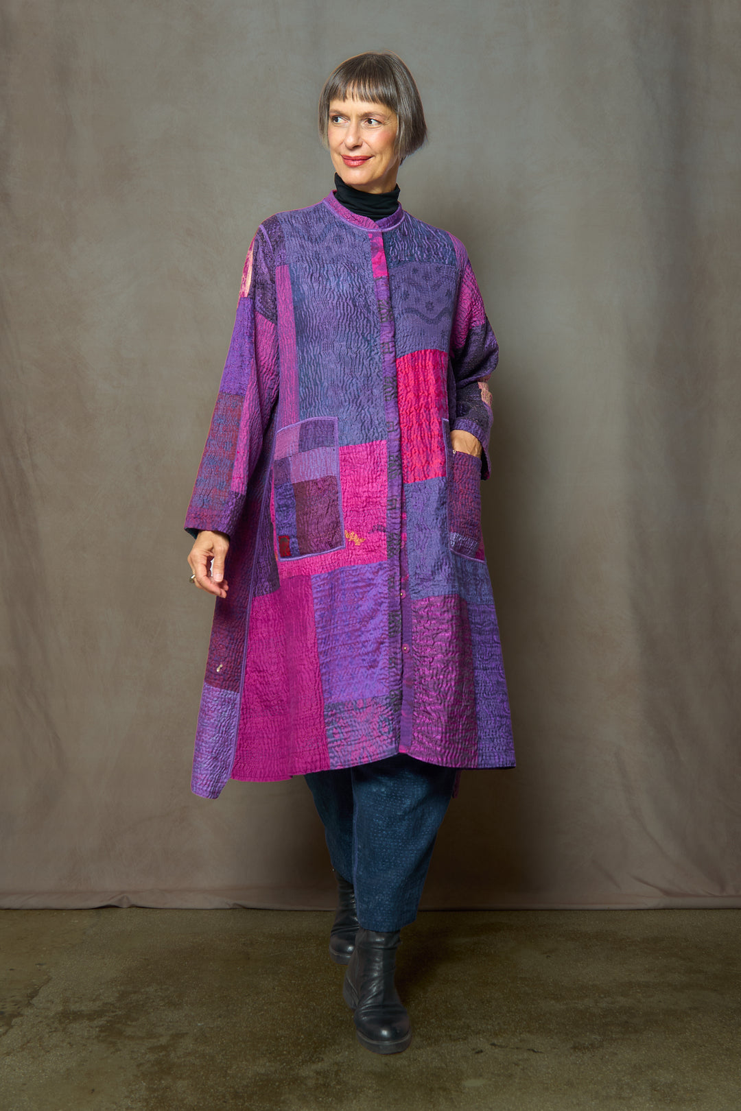 JACQUARD SILK KANTHA KAFTAN COAT - js4343-prp -