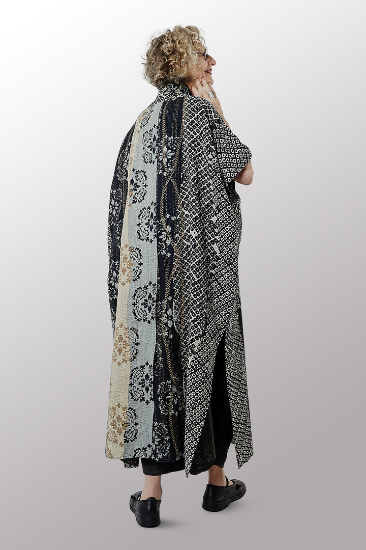 KIMONO COTTON KANTHA PONCHO DRESS - kc2443-blk -