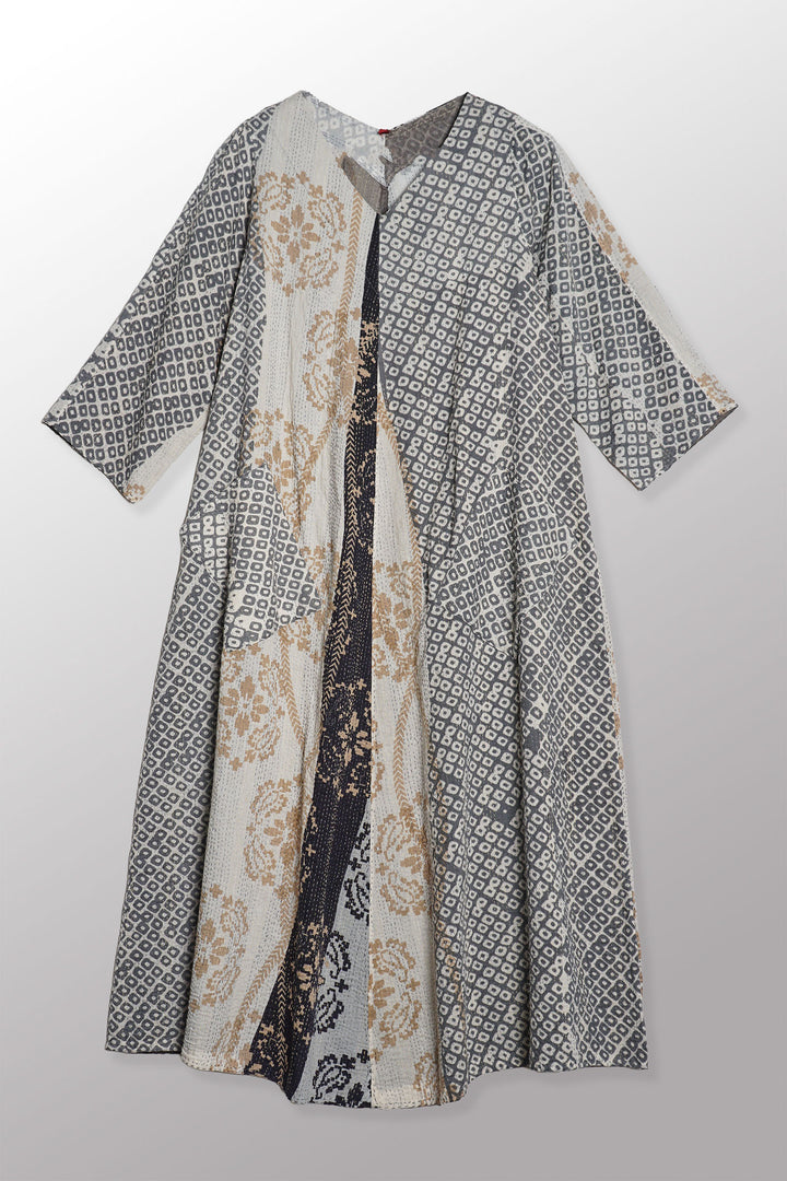 KIMONO COTTON KANTHA V-NECK FLARE DRESS - kc2457-gry -