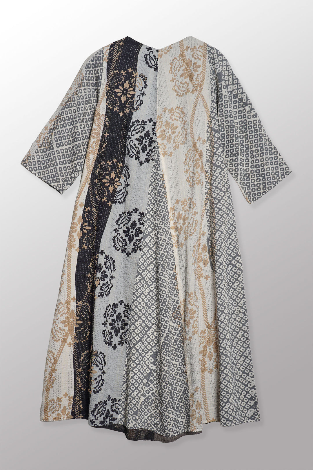 KIMONO COTTON KANTHA V-NECK FLARE DRESS - kc2457-gry -