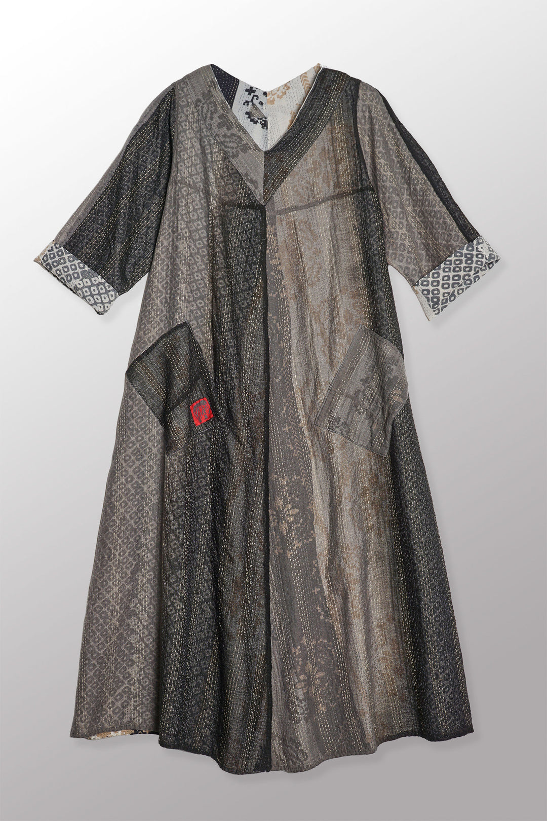 KIMONO COTTON KANTHA V-NECK FLARE DRESS - kc2457-gry -