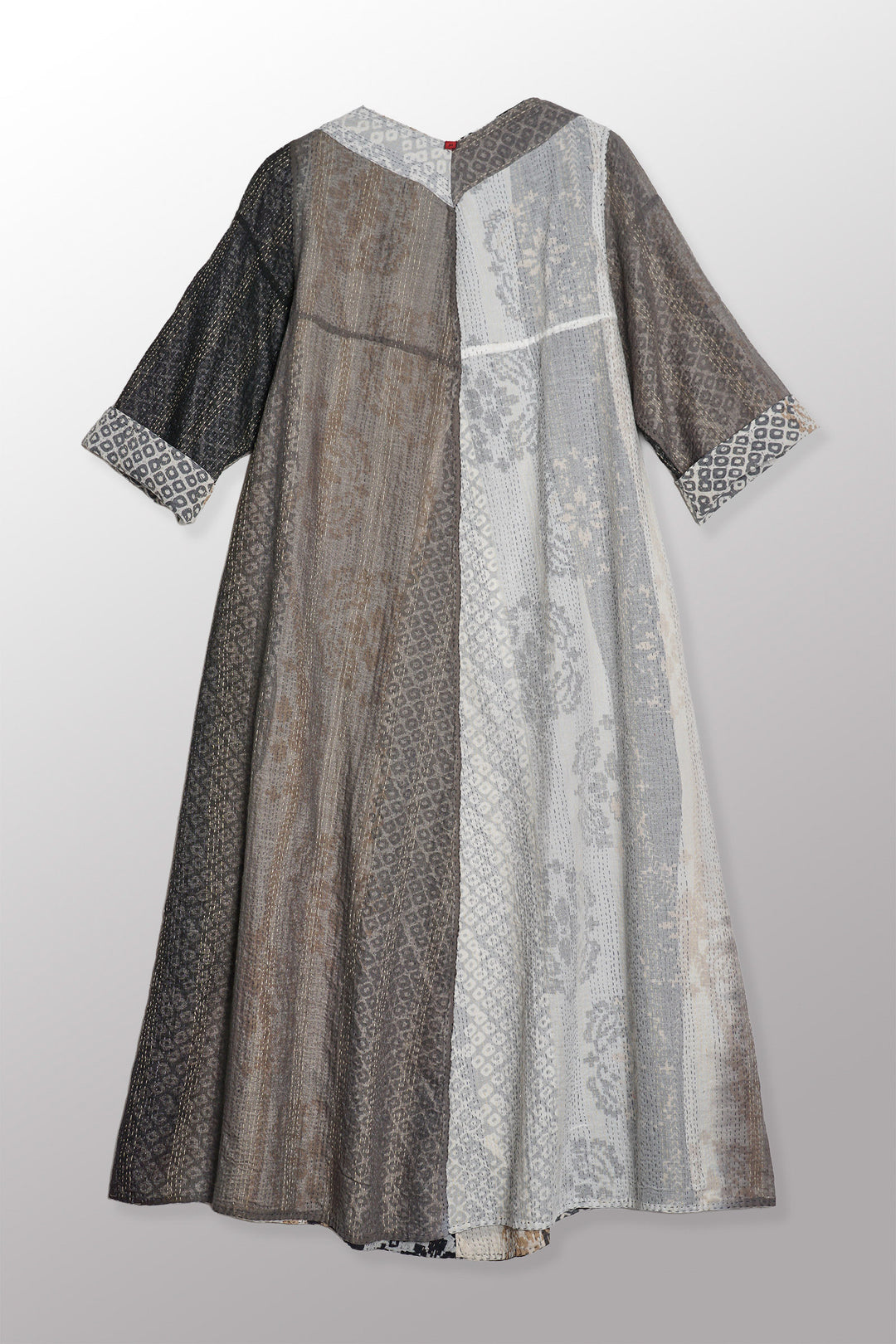 KIMONO COTTON KANTHA V-NECK FLARE DRESS - kc2457-gry -