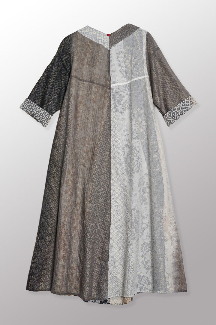 KIMONO COTTON KANTHA V-NECK FLARE DRESS - kc2457-gry -