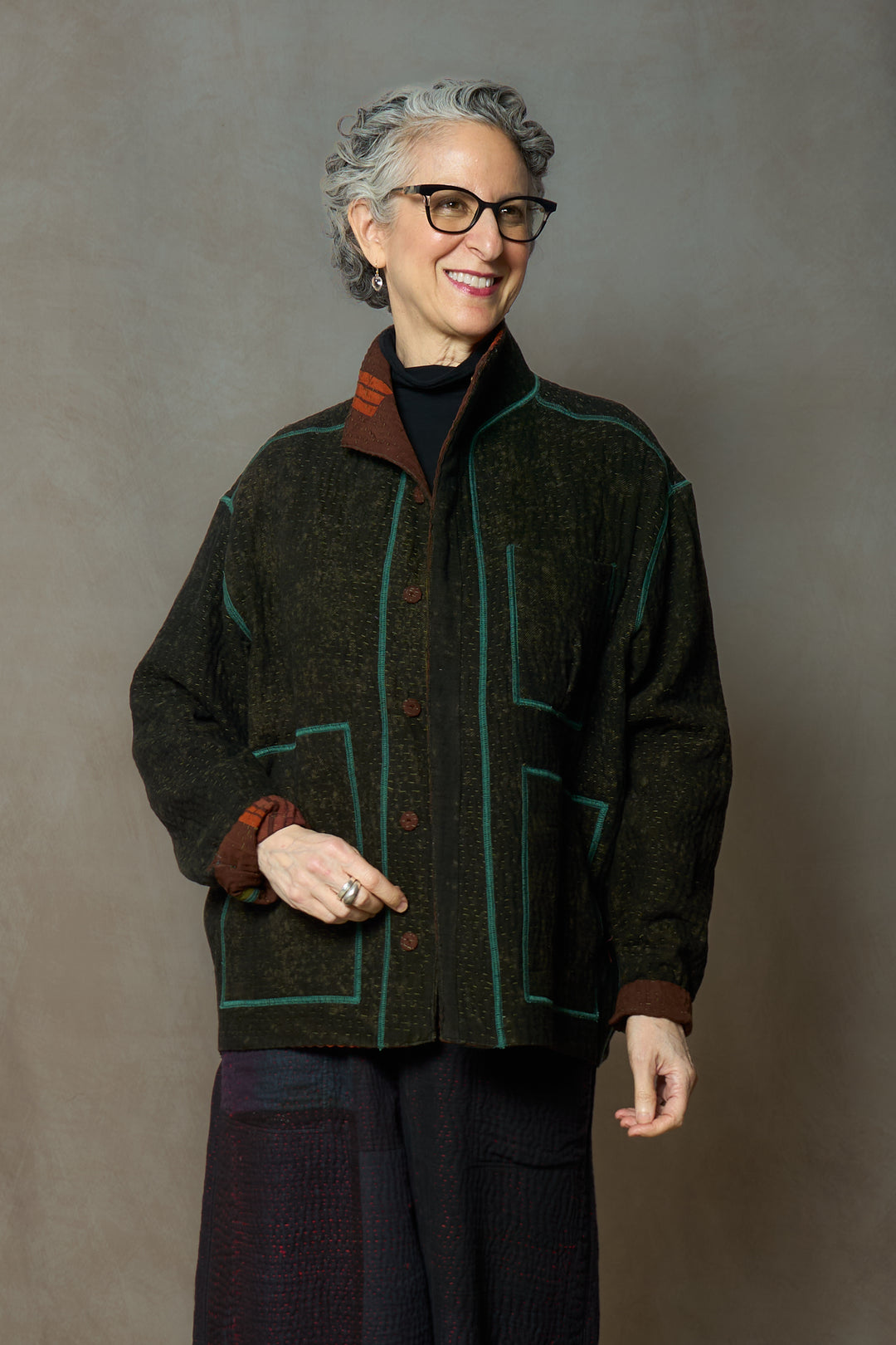 KIMONO  DENIM SND SUN DYE KANTHA MEN'S BLOUSON - kd3040-grn -