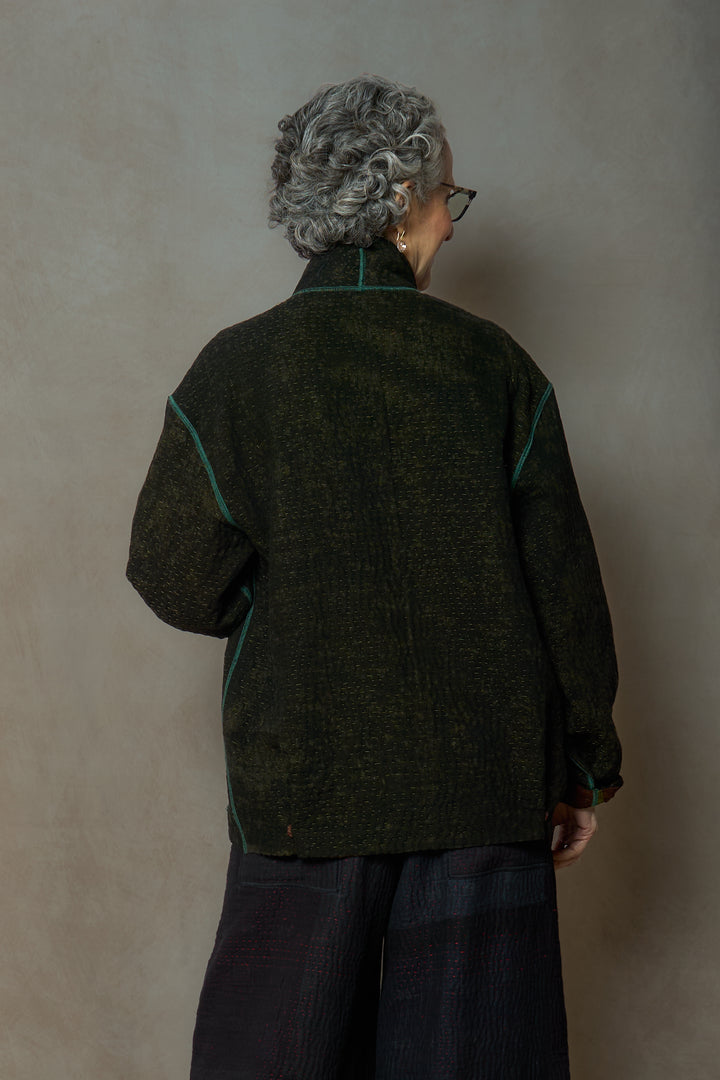 KIMONO  DENIM SND SUN DYE KANTHA MEN'S BLOUSON - kd3040-grn -