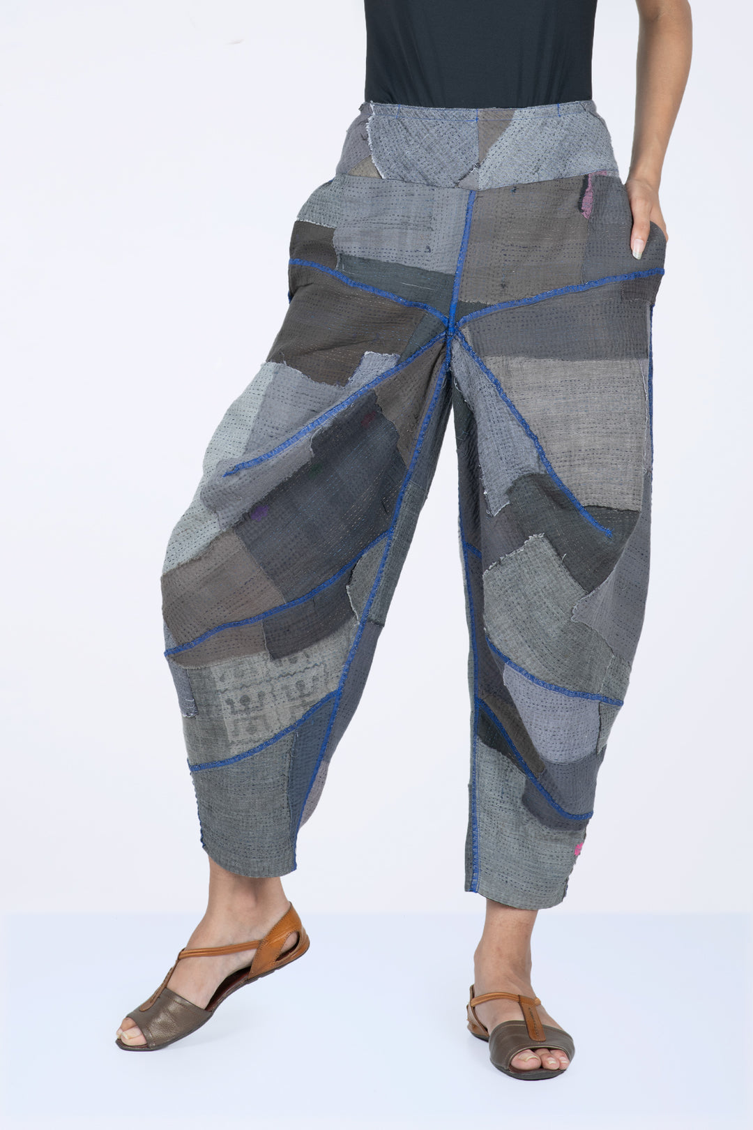 WOVEN STRIPE FRAYED PATCH BACK KANTHA YAMAHA PANTS - wp2632-gry -