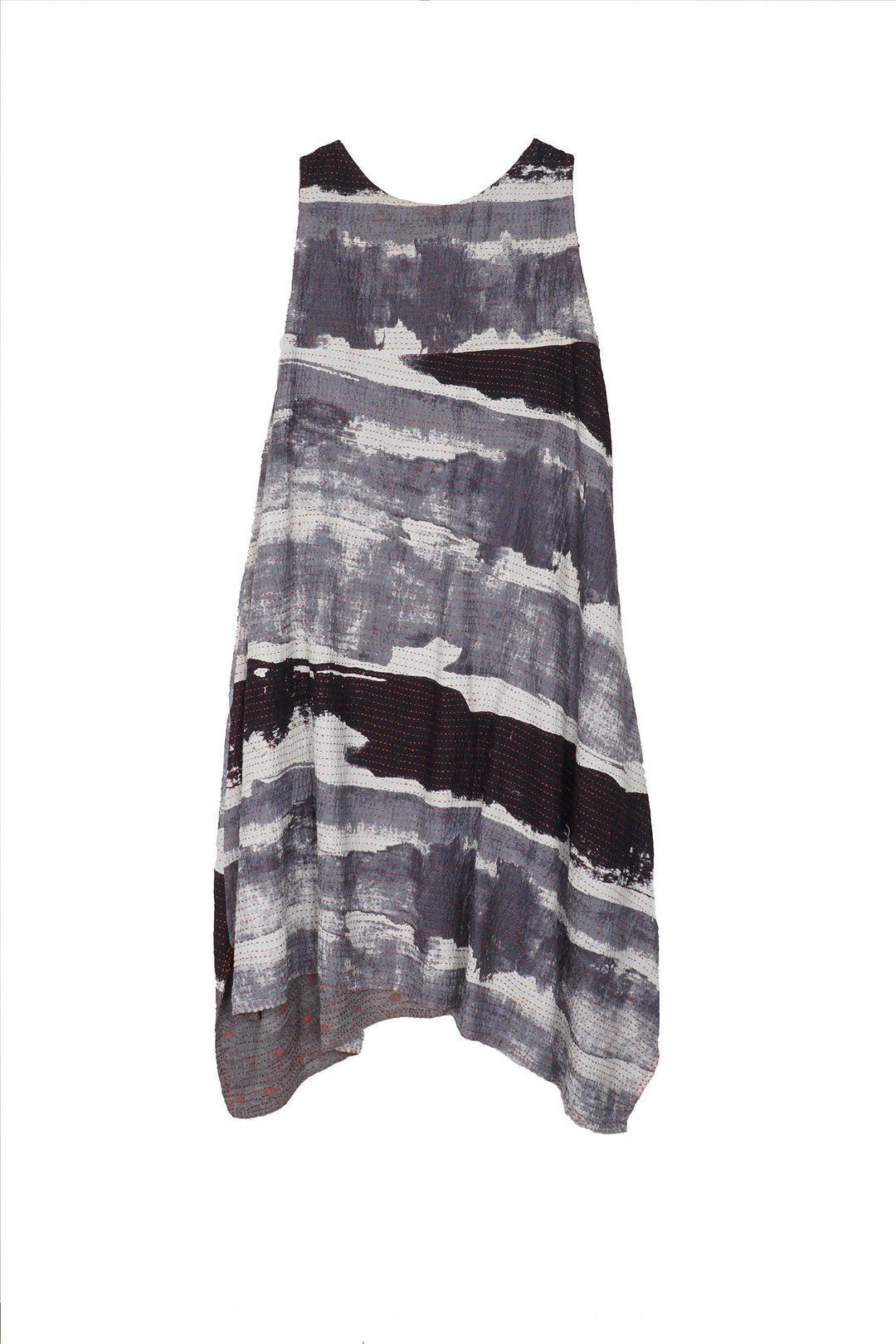 PLANK PRINT KANTHA POINTY HEM DRESS - lb2415-gry -