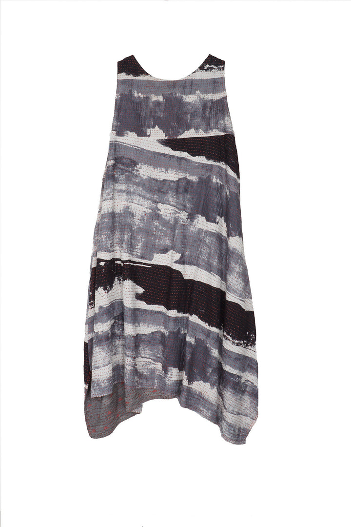 PLANK PRINT KANTHA POINTY HEM DRESS - lb2415-gry -