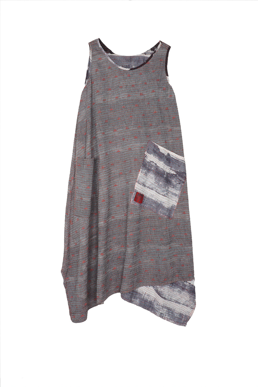 PLANK PRINT KANTHA POINTY HEM DRESS - lb2415-gry -