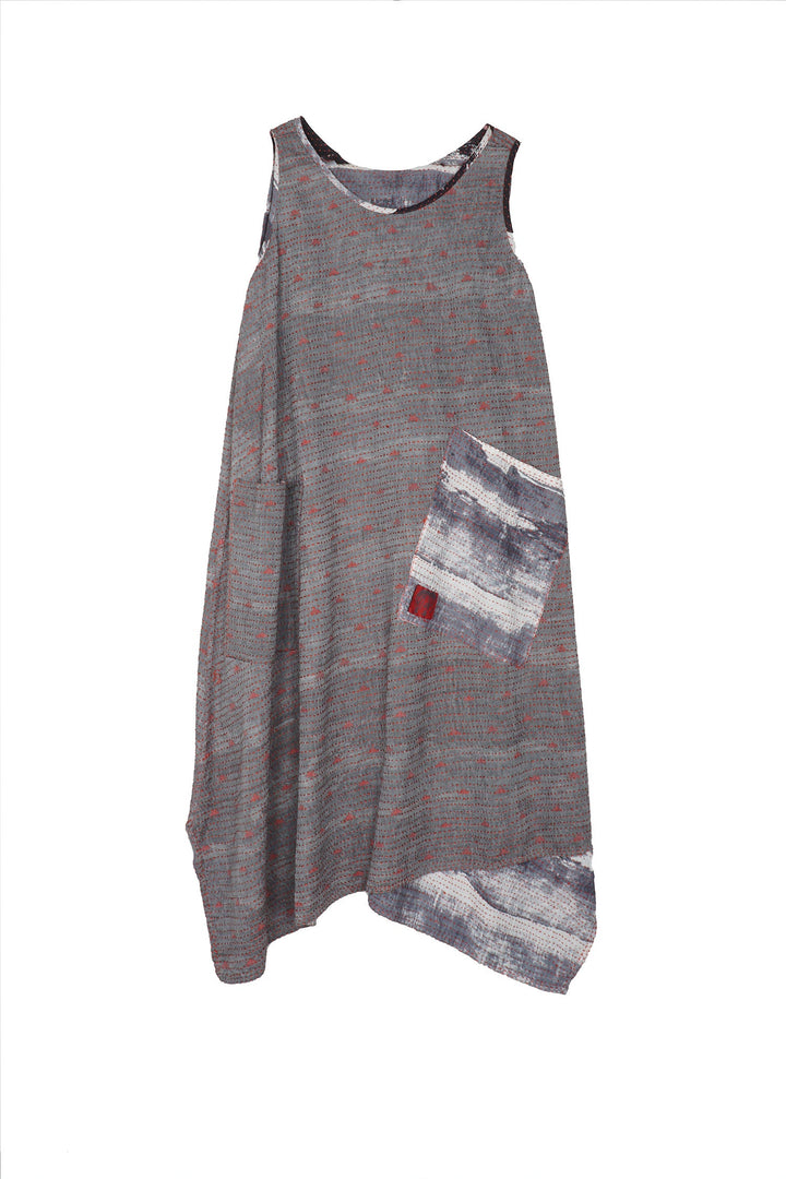 PLANK PRINT KANTHA POINTY HEM DRESS - lb2415-gry -