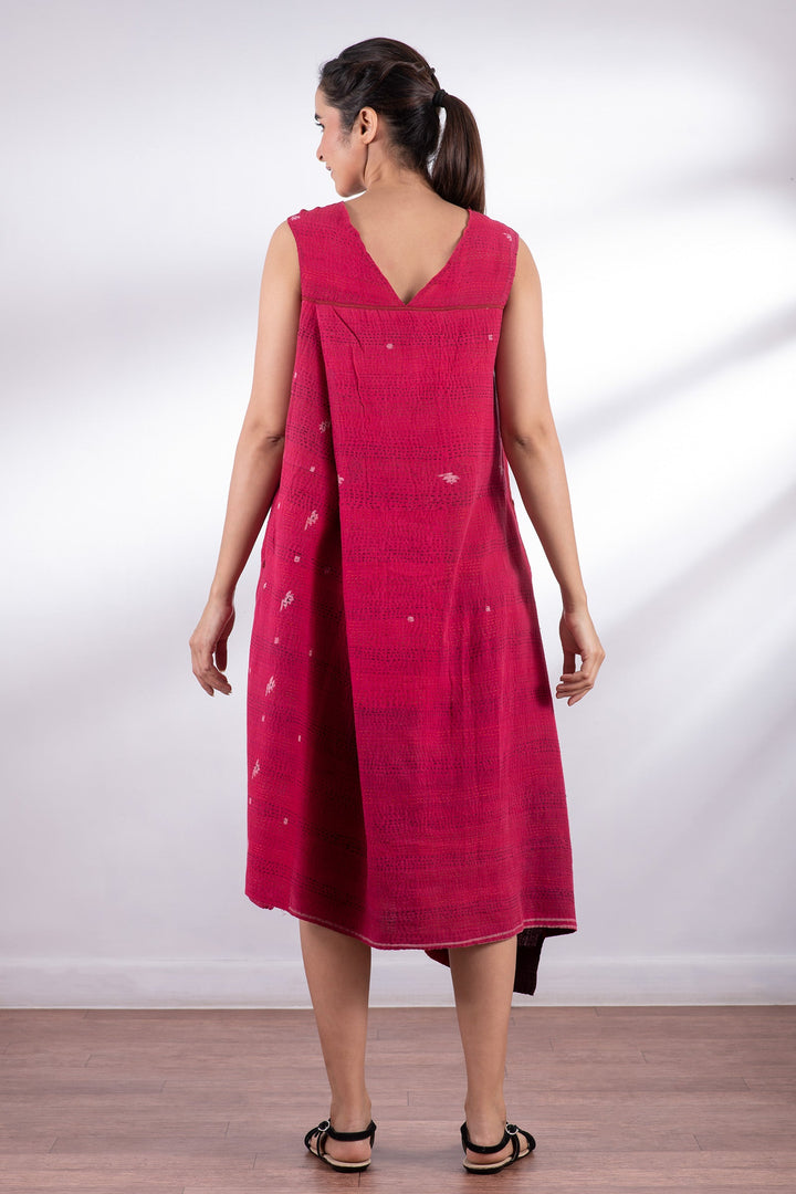 LANDSCAPE FRAYED PATCH KANTHA JUMPER DRESS - lf2414-red -