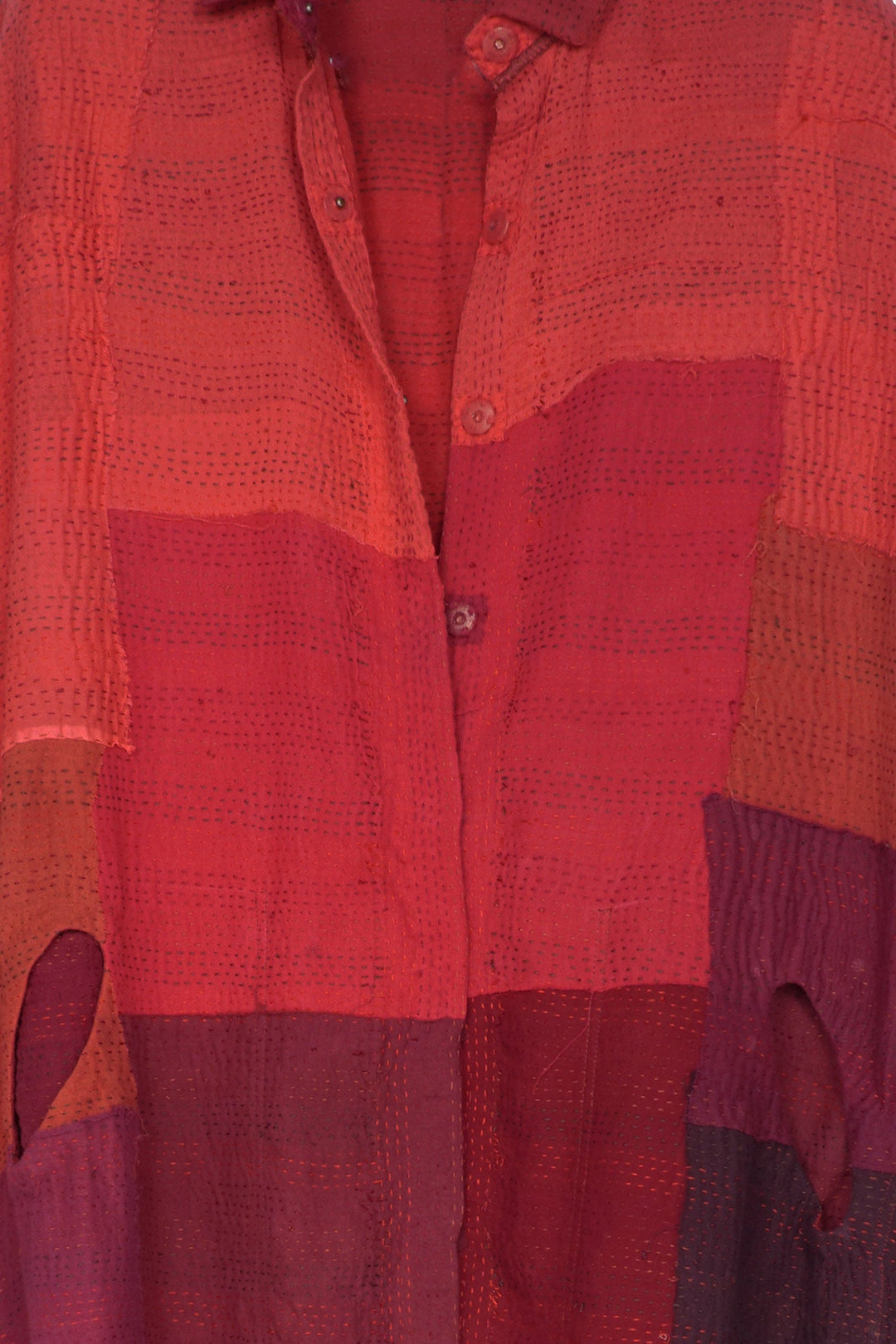 LANDSCAPE FRAYED PATCH KANTHA SHIRT DRESS - lf2426-red -