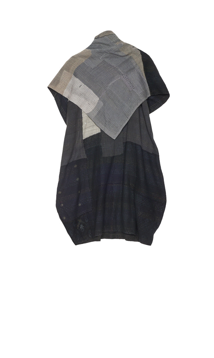 LANDSCAPE FRAYED PATCH KANTHA COWL NECK TUNIC - lf2523-blk -