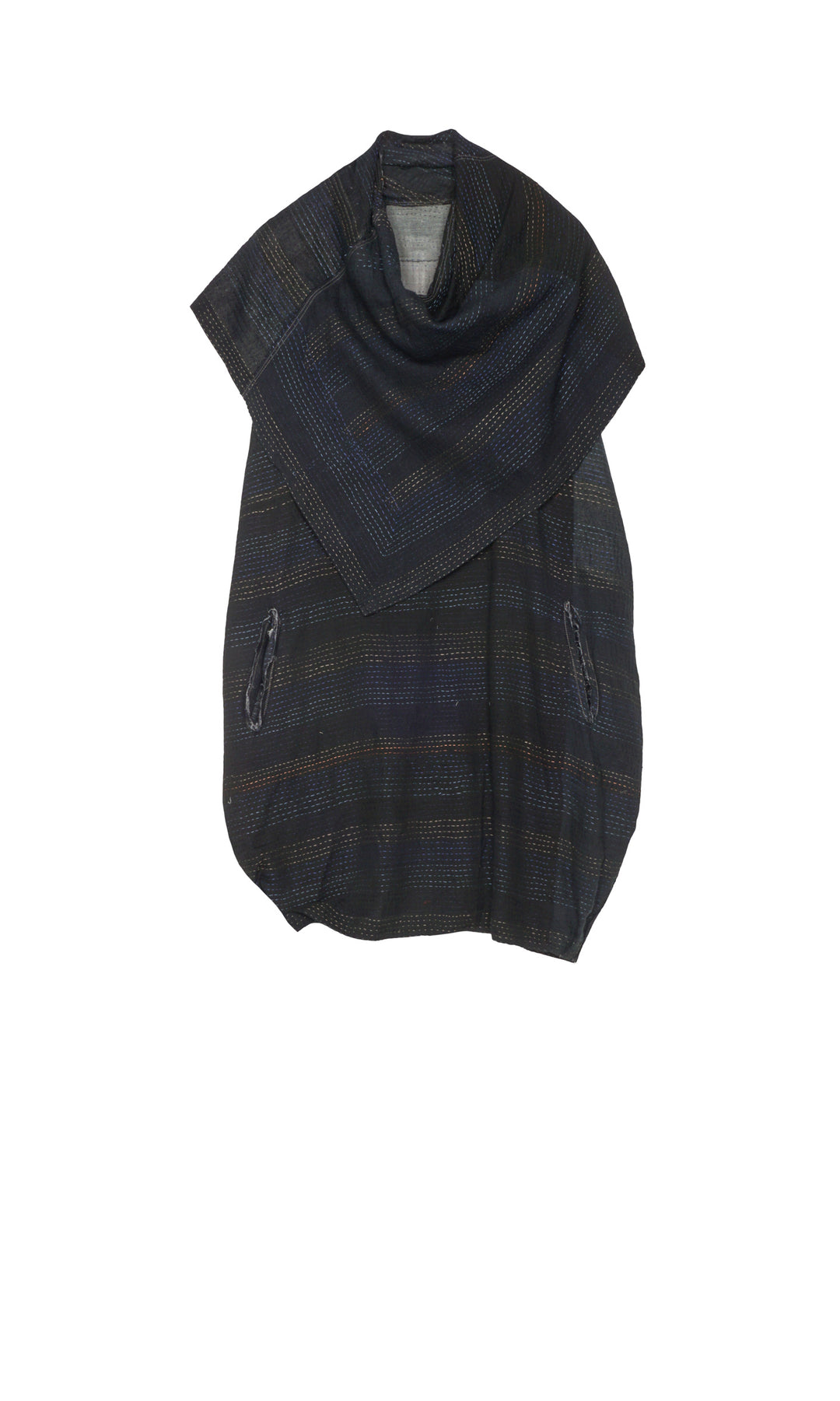 LANDSCAPE FRAYED PATCH KANTHA COWL NECK TUNIC - lf2523-blk -
