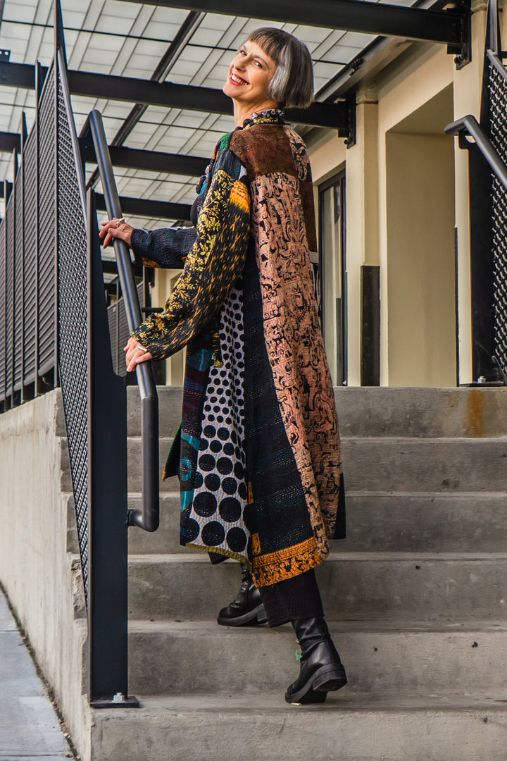 JACQUARD SILK KANTHA KAFTAN COAT - js4343-grn -