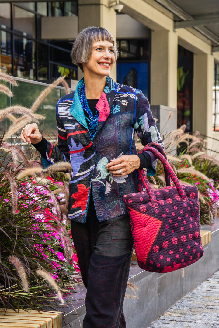 Quilted Over Dye Cotton Kantha Bucket Tote - mm-oq5867-cred010a -