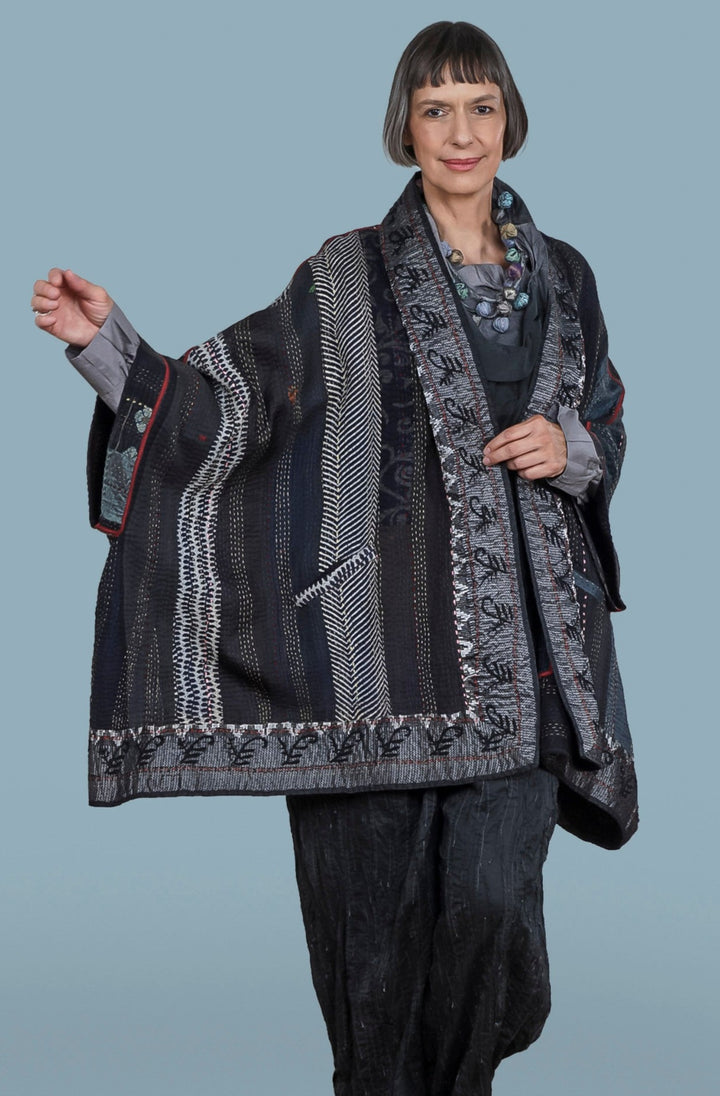 STRIPE RALLIS KANTHA DOUBLE COLLAR PONCHO - pr4323-blk -