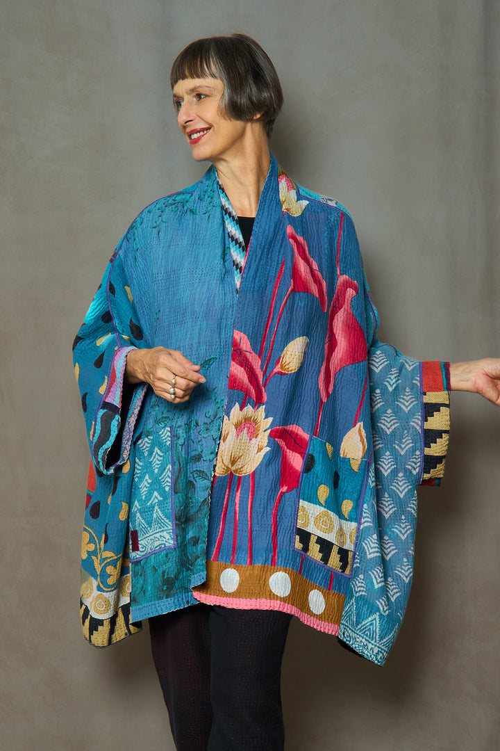 PUZZLE KANTHA DOUBLE COLLAR PONCHO - pz4323-blu -