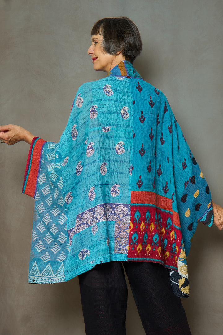 PUZZLE KANTHA DOUBLE COLLAR PONCHO - pz4323-blu -
