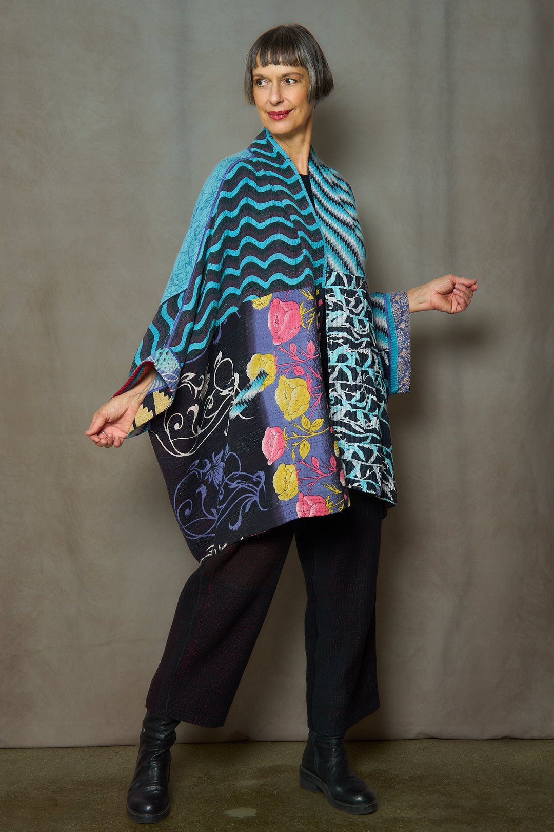 PUZZLE KANTHA DOUBLE COLLAR PONCHO - pz4323-blu -