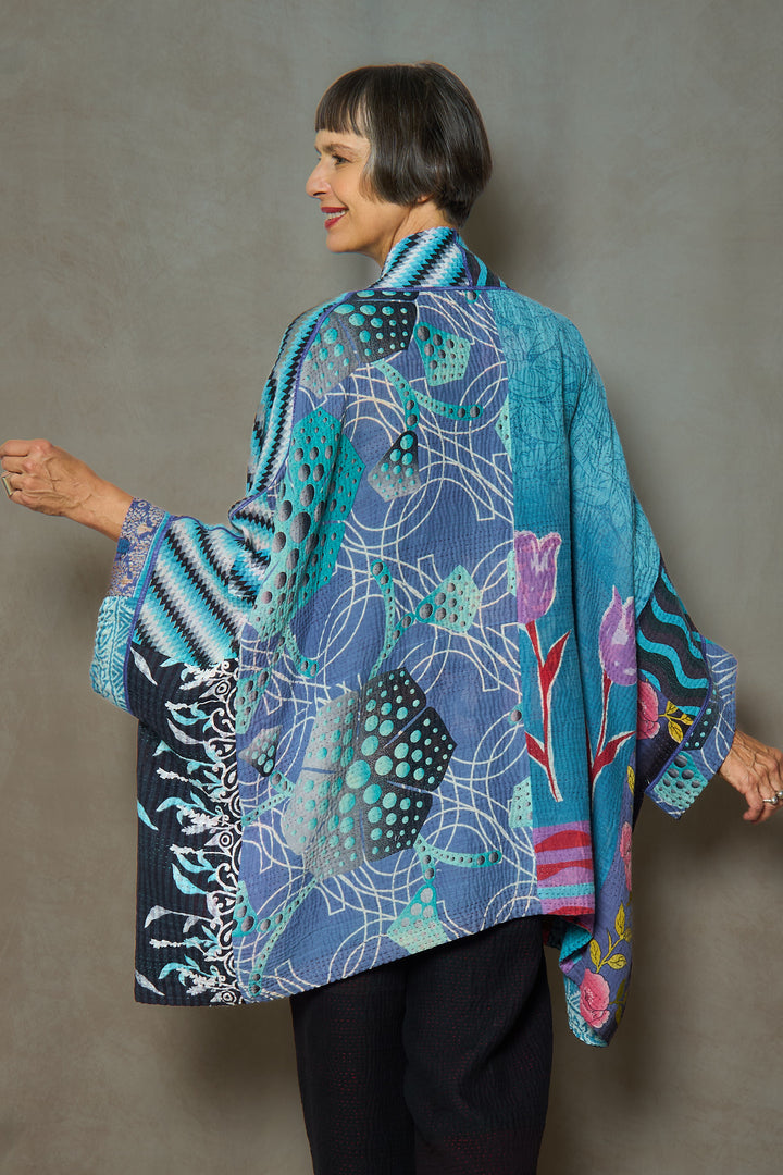 PUZZLE KANTHA DOUBLE COLLAR PONCHO - pz4323-blu -