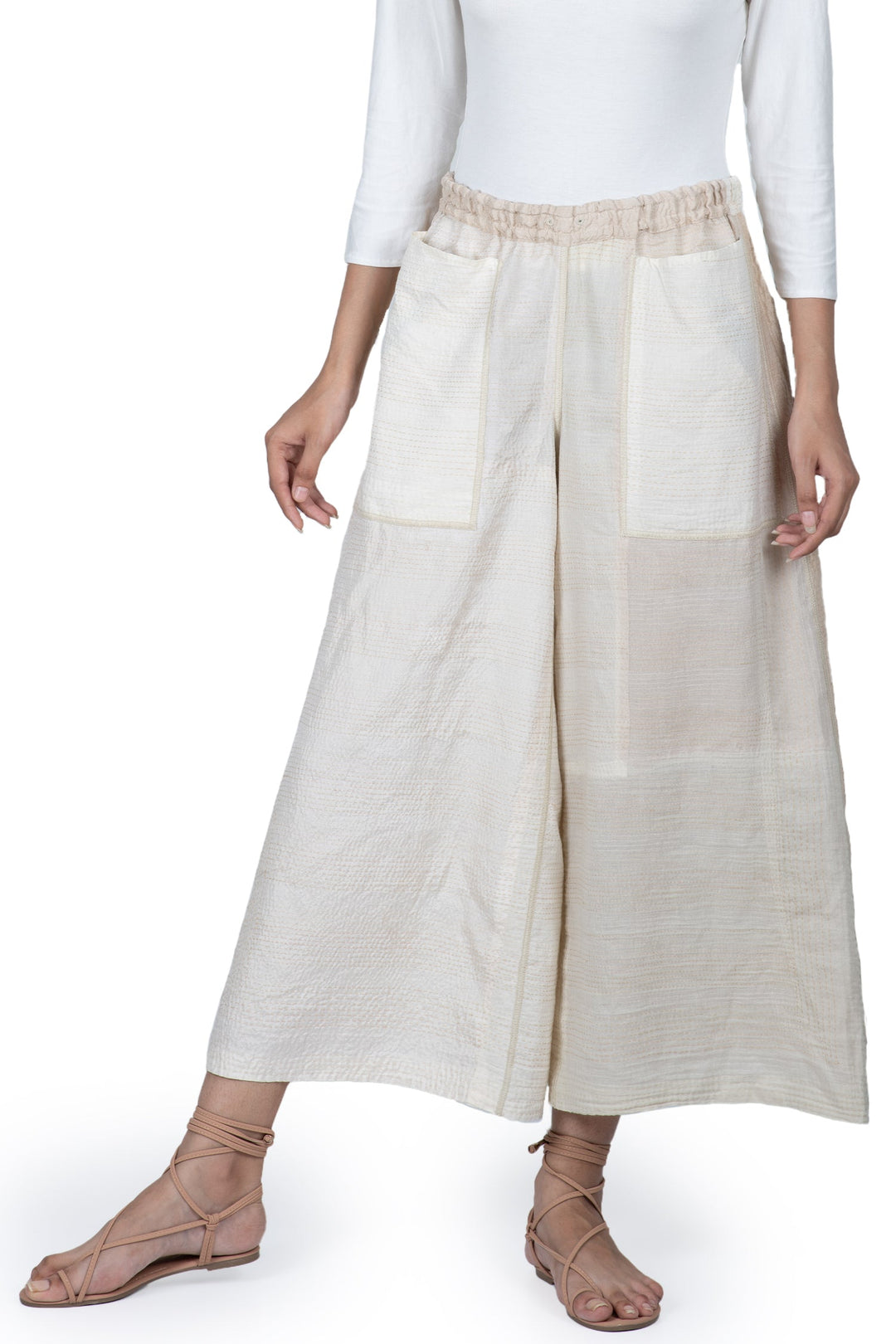 JAIPUR WHITE KANTHA DRAW STRING GAUCHO - jw2627-ivy -