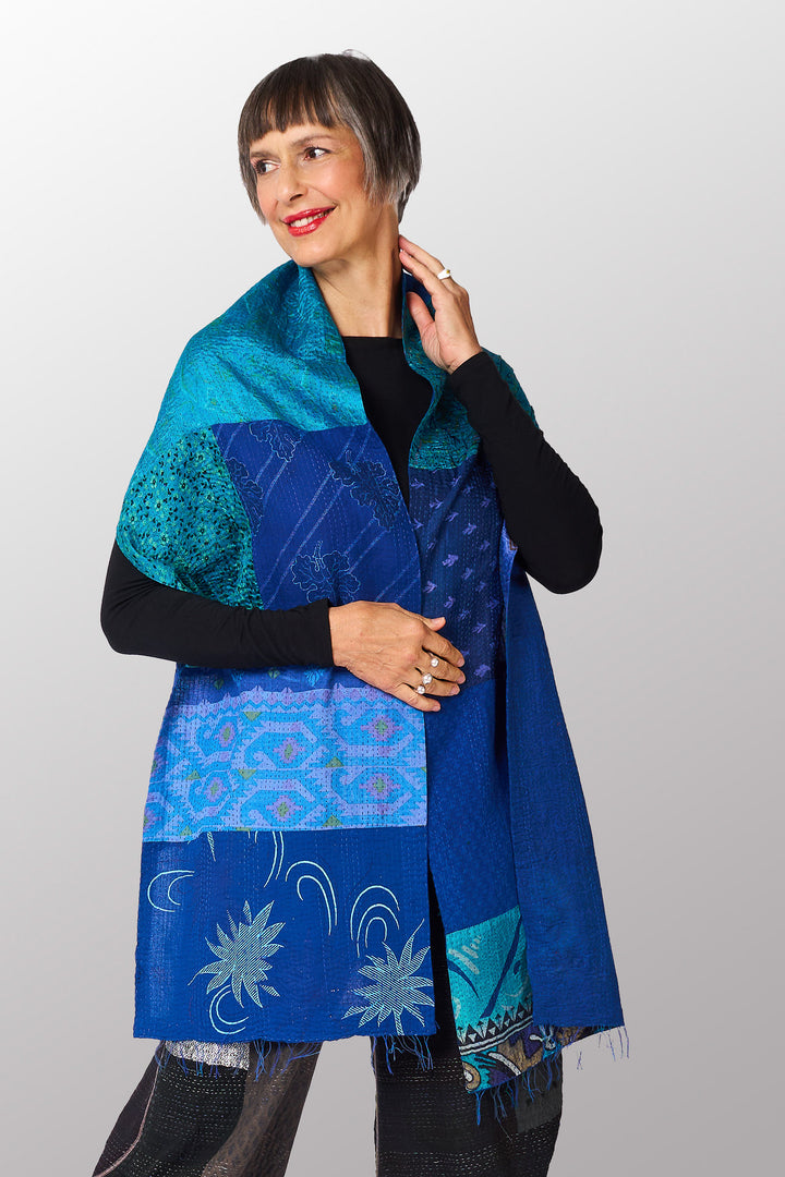 VINTAGE SILK COTTON KANTHA SCARF SMALL - sc2800-blu -
