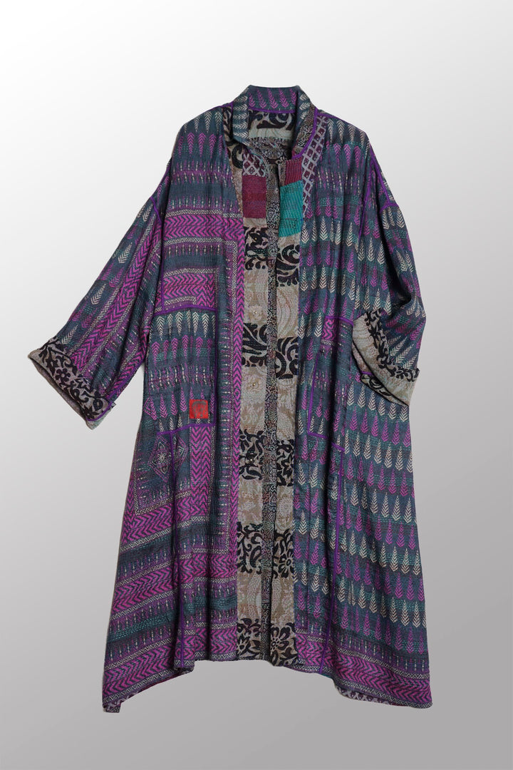 VINTAGE SILK GEORGETTE KANTHA NEW OVERSIZED COAT - sg2342-0001a -