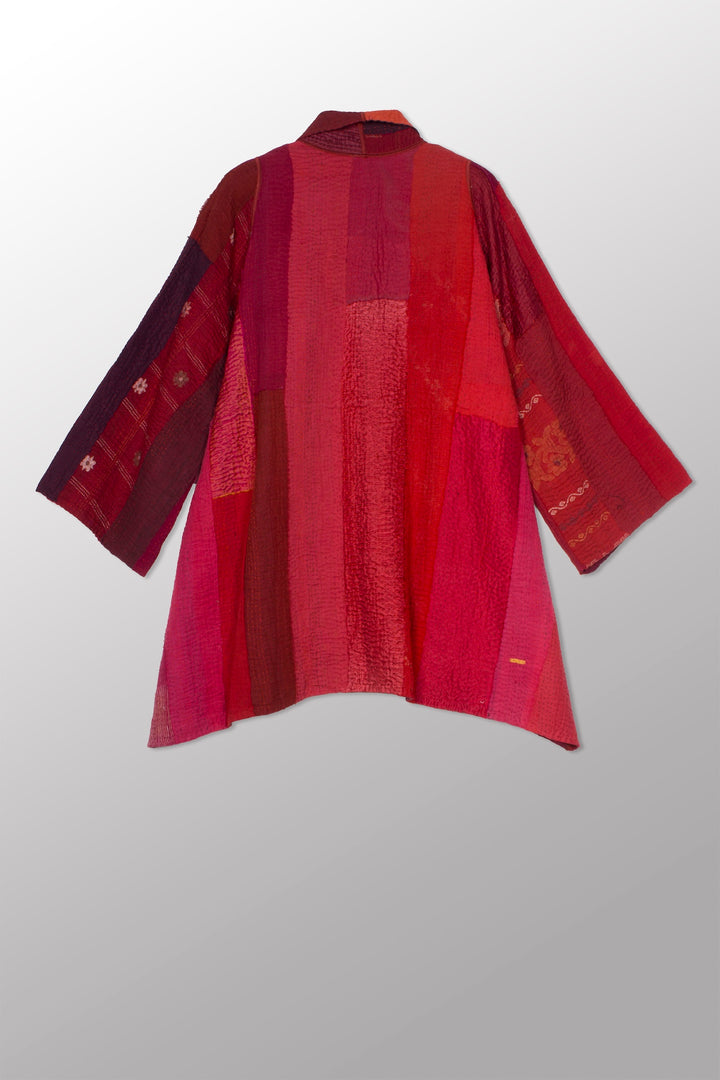 STRIPE AND CHECK COTTON SILK PATCH KANTHA A-LINE JACKET - ss4003-red -