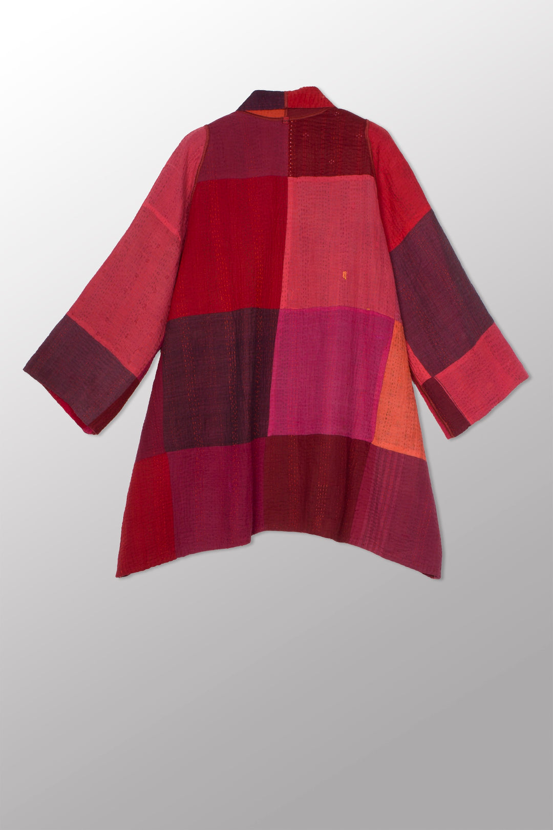 STRIPE AND CHECK COTTON SILK PATCH KANTHA A-LINE JACKET - ss4003-red -