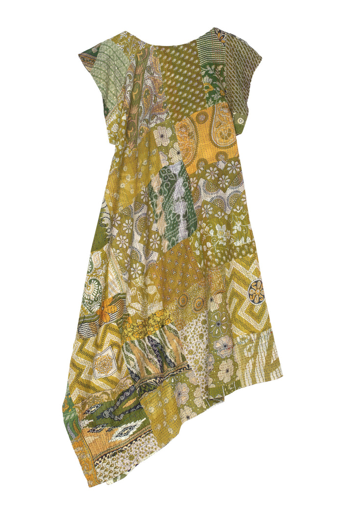PATCHED PRINT KANTHA FRENCH SLV. FLARE DRESS - pp2406-grn -