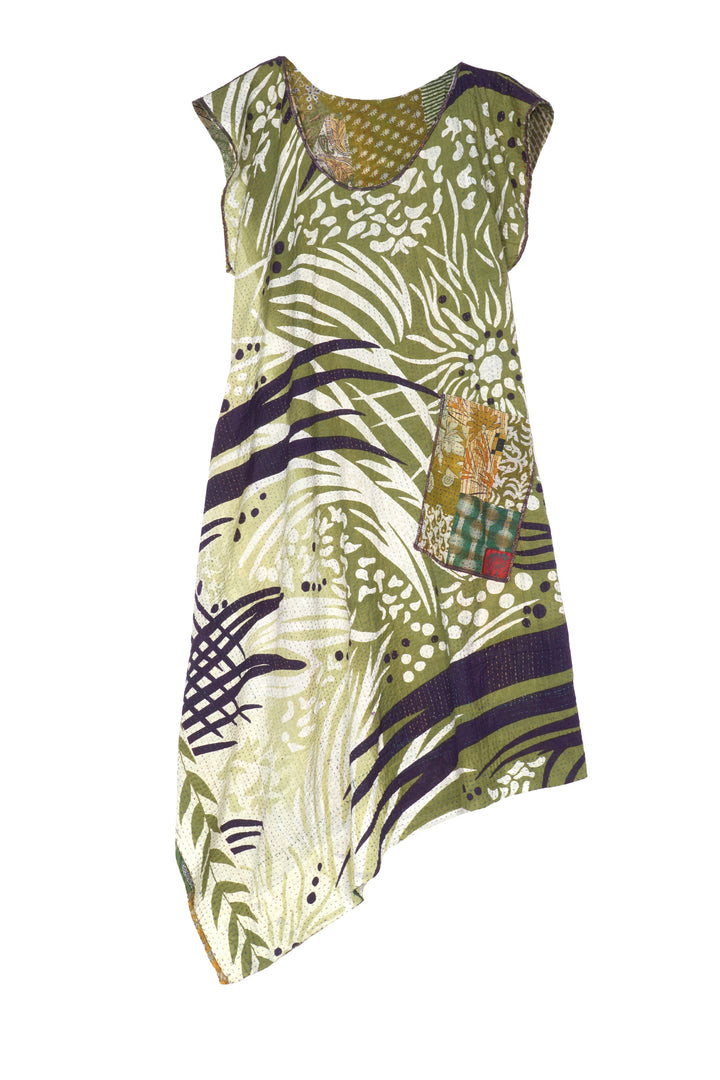 PATCHED PRINT KANTHA FRENCH SLV. FLARE DRESS - pp2406-grn -