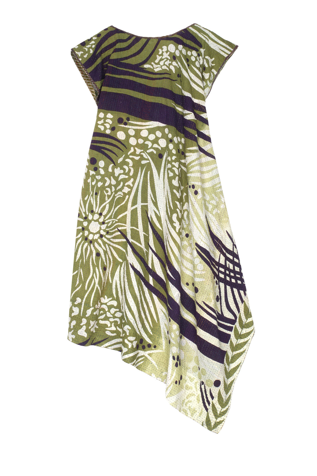 PATCHED PRINT KANTHA FRENCH SLV. FLARE DRESS - pp2406-grn -