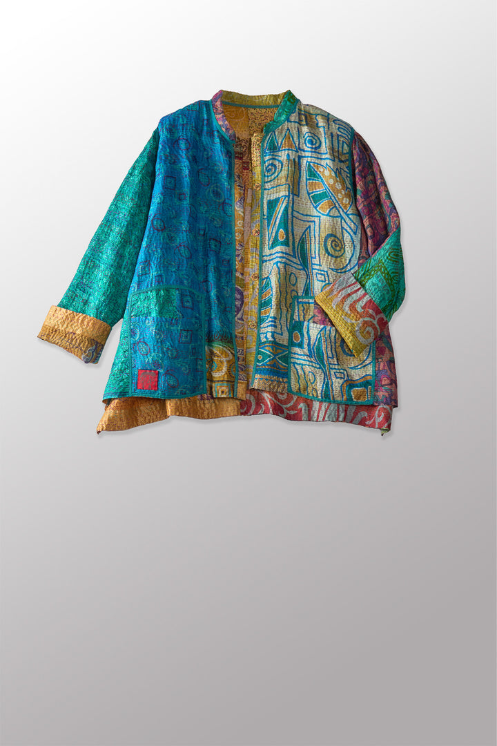 VINTAGE SILK KANTHA KAFTAN JACKET SHORT - sv2088-0002s -