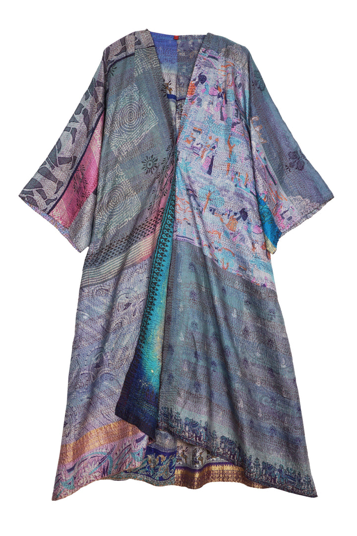 VINTAGE SILK KANTHA KIMONO MAXI - sv2318-0010a -