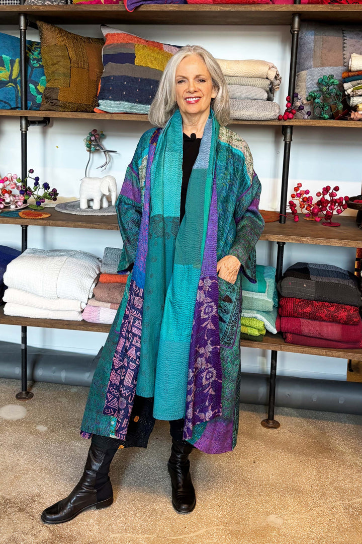 VINTAGE SILK KANTHA LONG DUSTER - sv2328-0008a -