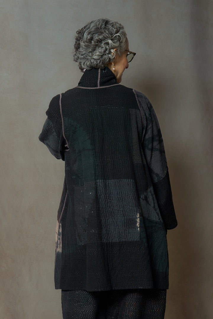 CIRCLE SHIBORI TIE DYE WOVEN PATCH KANTH A-LINE JACKET - tc4003-blk -