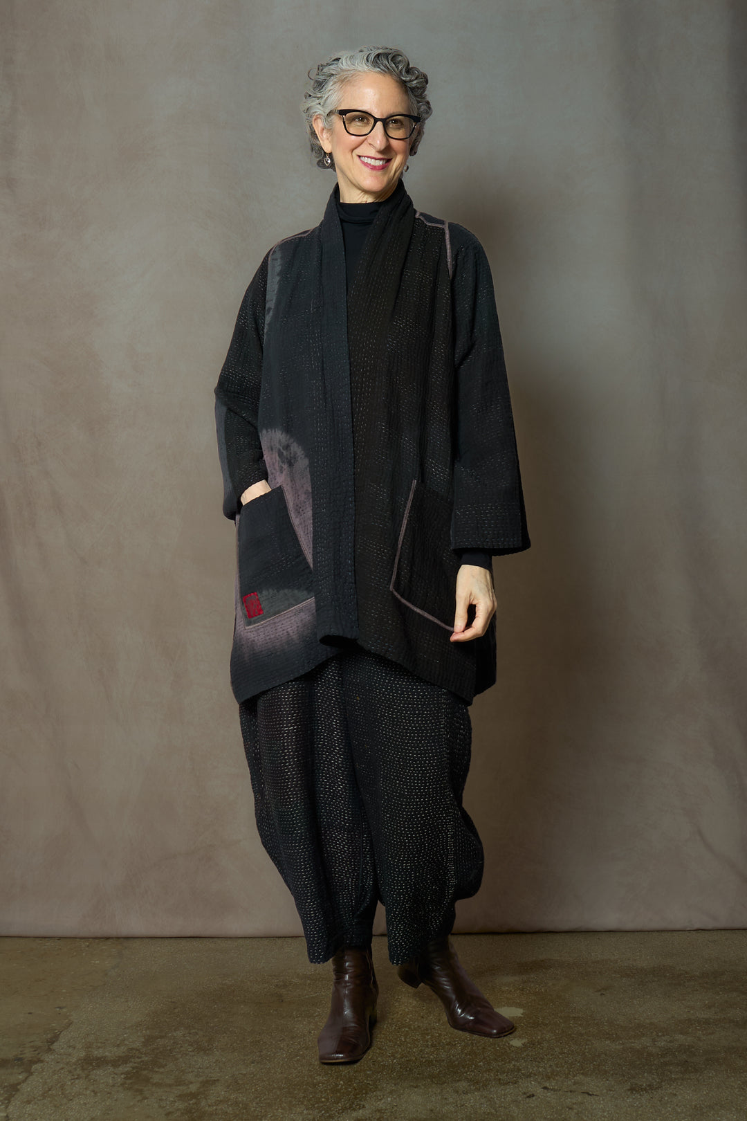 CIRCLE SHIBORI TIE DYE WOVEN PATCH KANTH A-LINE JACKET - tc4003-blk -