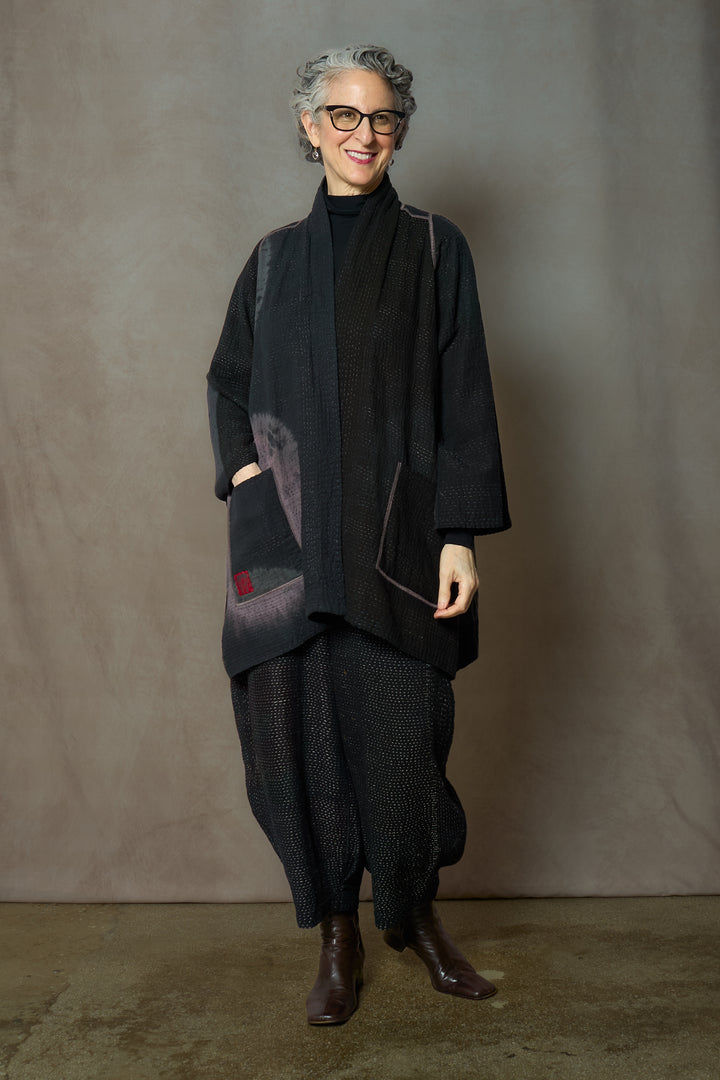 CIRCLE SHIBORI TIE DYE WOVEN PATCH KANTH A-LINE JACKET - tc4003-blk -