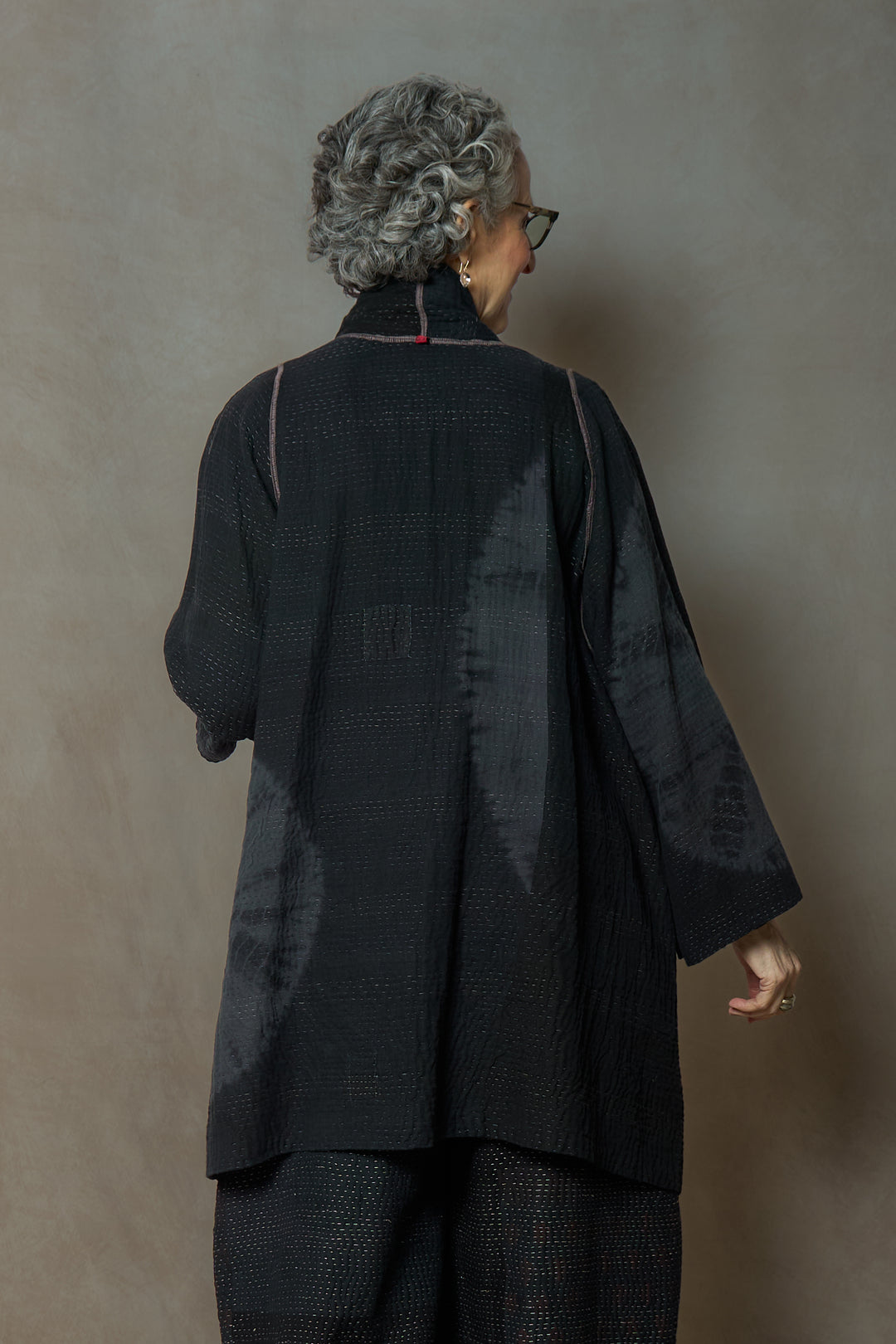CIRCLE SHIBORI TIE DYE WOVEN PATCH KANTH A-LINE JACKET - tc4003-blk -