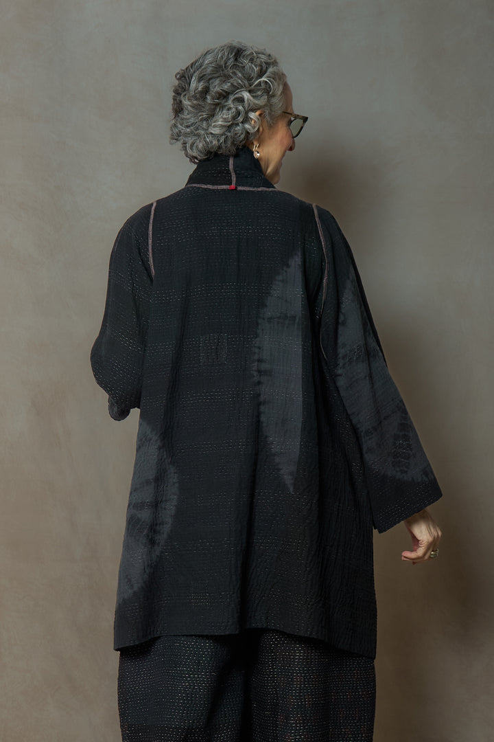 CIRCLE SHIBORI TIE DYE WOVEN PATCH KANTH A-LINE JACKET - tc4003-blk -