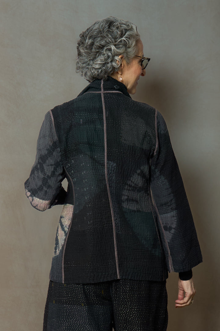 CIRCLE SHIBORI TIE DYE WOVEN PATCH KANTH SHORT JACKET - tc4007-blk -