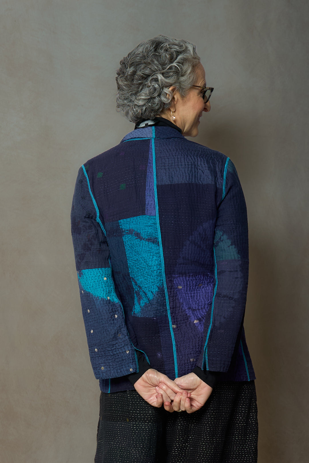CIRCLE SHIBORI TIE DYE WOVEN PATCH KANTH SHORT JACKET - tc4007-blu -